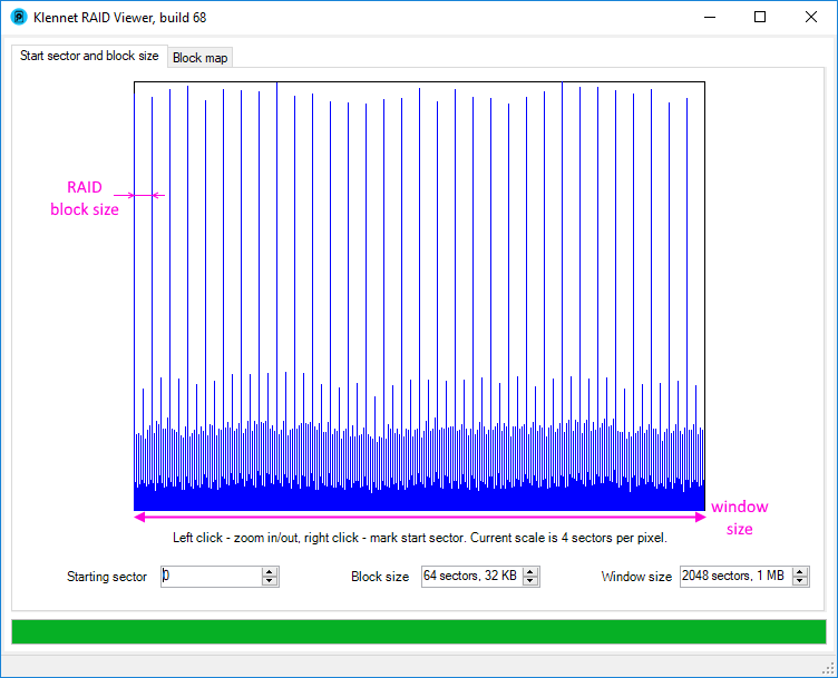 Block size and starting sector view with default settings.