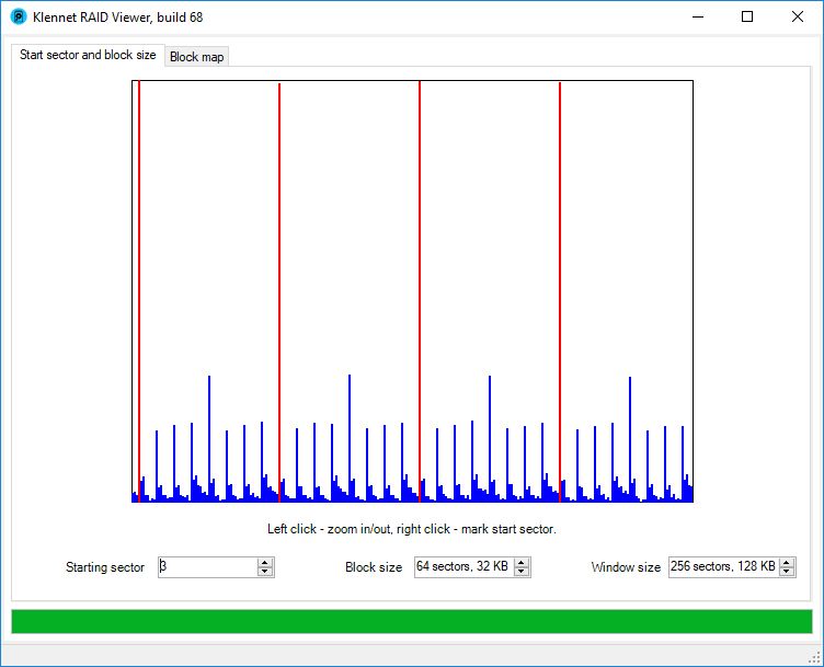 Final view with RAID block size and starting sector correctly configured.