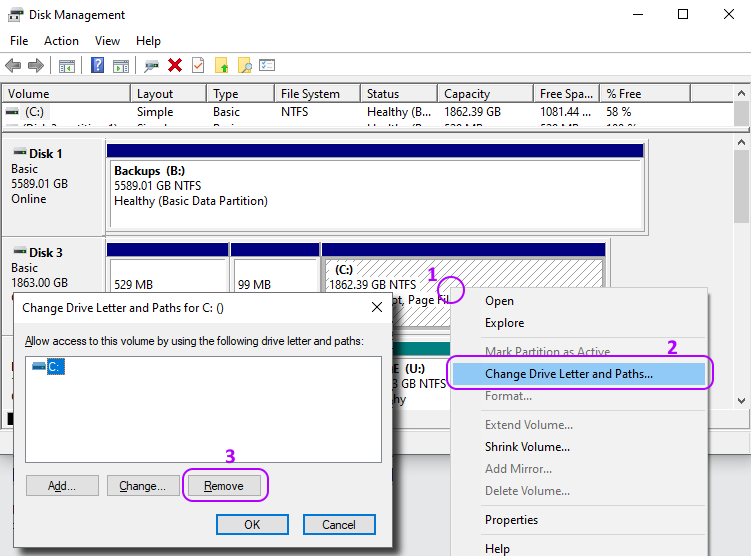 Removing drive letter using Windows Disk Management