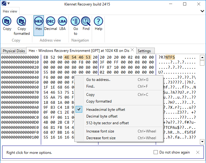 Klennet Recovery disk hex viewer screenshot