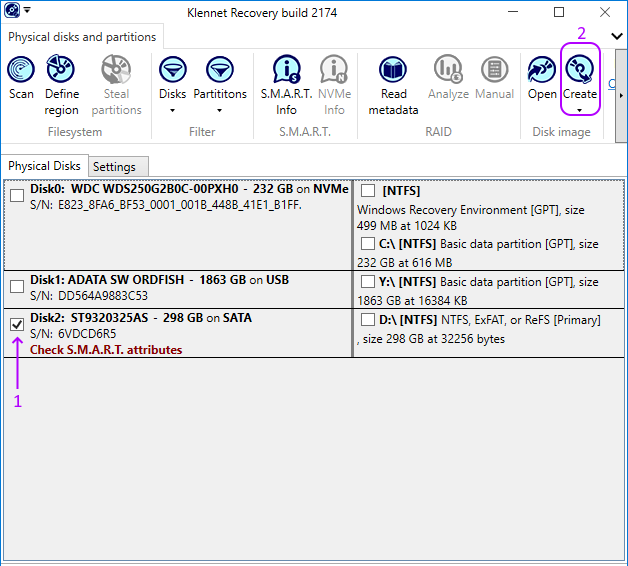 Selecting a disk to image in Klennet Recovery