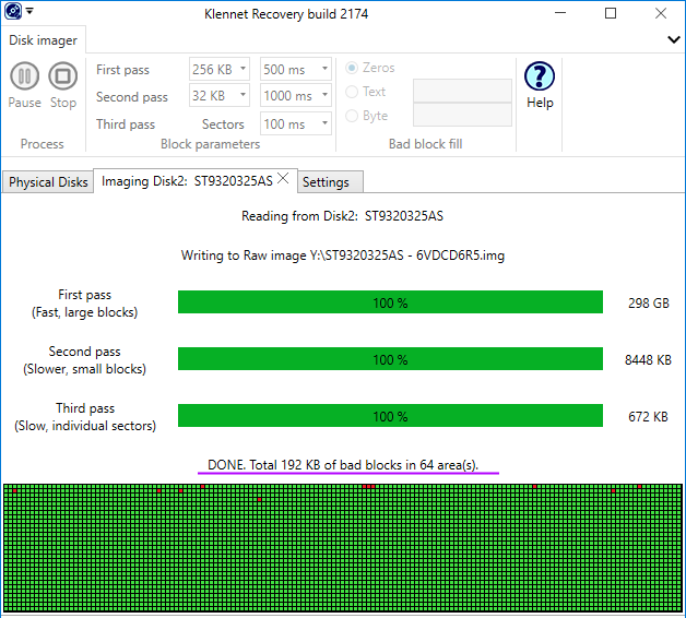 When the image is done, bad blocks are highlighted in red