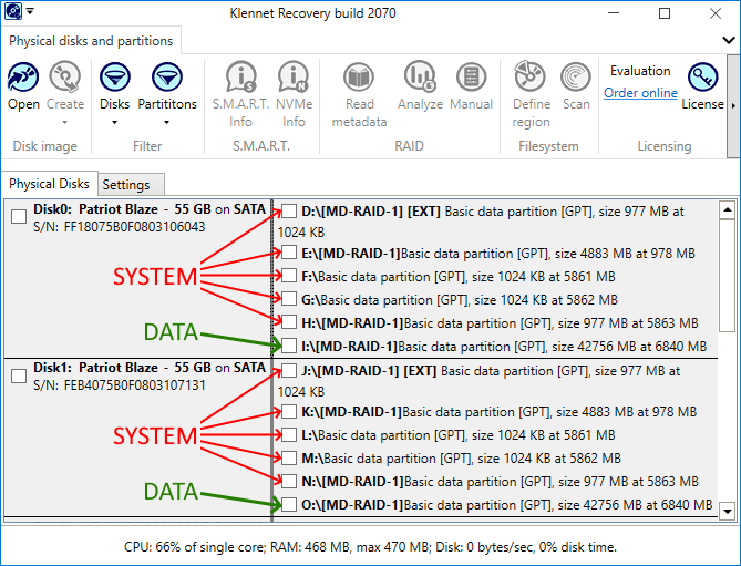 NAS partition tables, showing system and data partitions